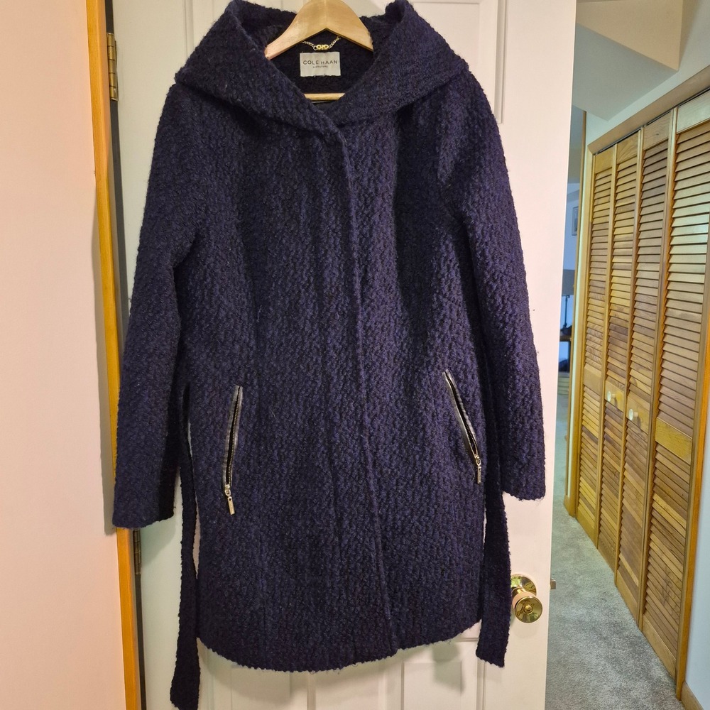 Cole Haan Signature Navy Blue Wool Blend Boucle Hooded Belted Wrap Coat Womens